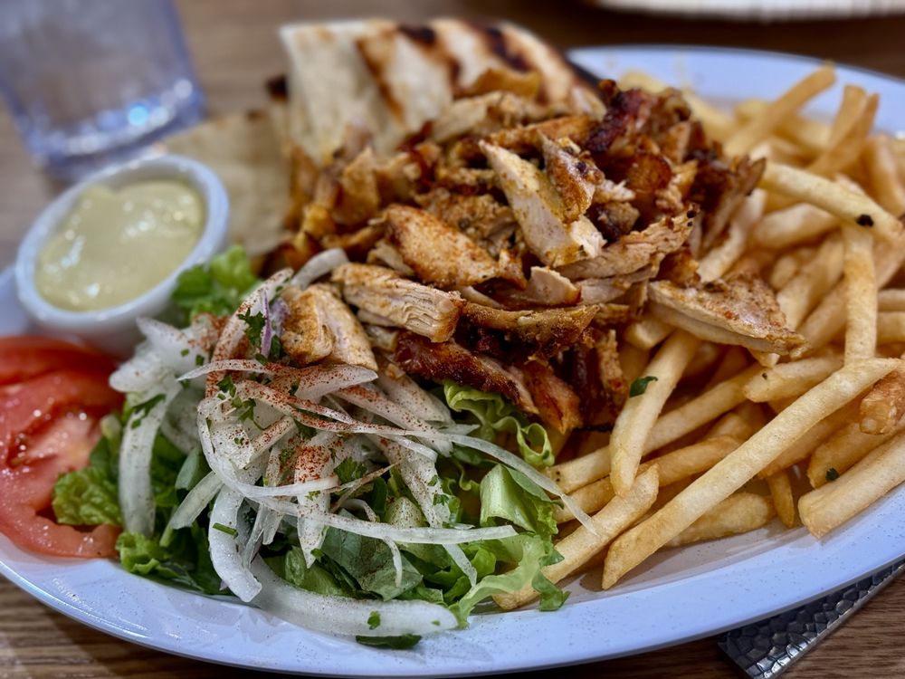 Chicken gyro plate with rice and salad
